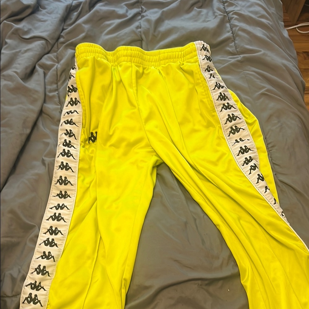 Kappa Neon Yellow Track Pants with Logo Stripes